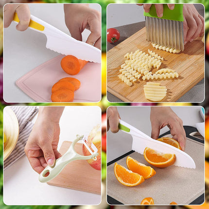34 Pcs Montessori Kitchen Toys for Toddlers-Kids Knife Sets for Real Cooking with Safe Knives, Serrated Plastic Knives, Potato Slicers, Sandwich Cutter, Peeler and Cutting Board