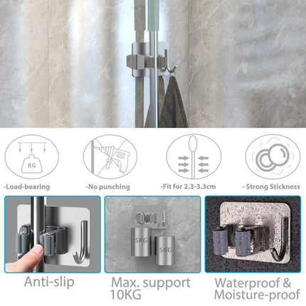 homeasy 4PCS Self Adhesive Stainless Steel Mop Broom Holder Organizer with Hooks, Grey