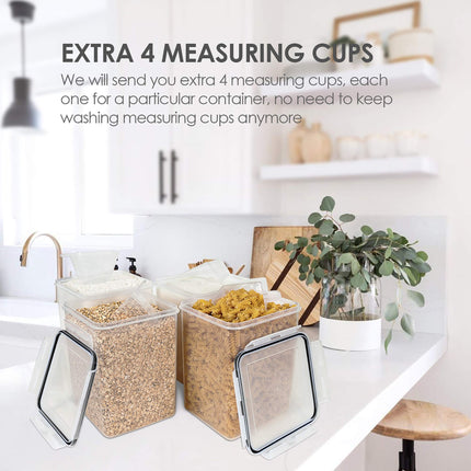 Vtopmart 4 Pcs Large Pantry Food Storage Containers 5.2L, 176oz, Plastic Airtight Kitchen Organizers and Storage for Flour, Cereal, and Pasta with 4 Measuring Cups and 24 Labels, Black