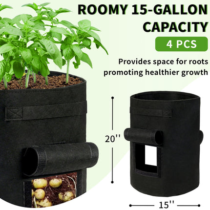 SYITCUN 4 Pack 15 Gallon Potato Growing Bags, Thickened Nonwoven Fabric Grow Bags with 2 Windows &2 Reinforced Handle, Potato Bags for Growing Potatoes, Vegetable and Fruits