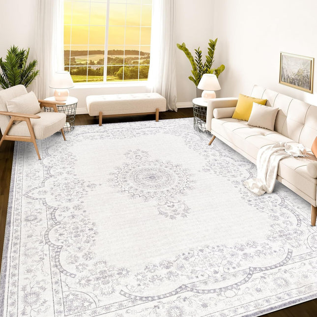 Istana Rug 8x10 - Grey/White Cream Area Rug - Foldable 8 x 10 Rug - Stain Resistant 8x10 Rugs for Living Room - Plush Area Rug - Indoor Rugs - Farmhouse Rugs for Living Room