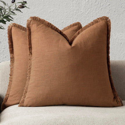 Foindtower 18x18" Linen Set of 2 Bohemian Rustic with Tassels Soft Throw Pillow Covers for Sofa, Orange Brown X004E7H85B