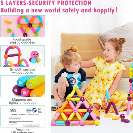 74PCS Magnetic Building Sticks Blocks Toys, Magnetic Balls and Rods Set for Kids, Magnetic Building Set,Toddler Montessori Toys,STEM Stacking Toys T102