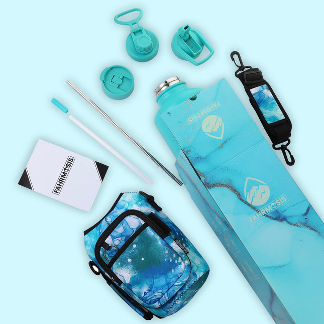 FAHRMOSIS 64oz Insulated Stainless Steel Sports Water Bottle with Strap 3 Lids (straw, Chug and Flip Lid, TEAL