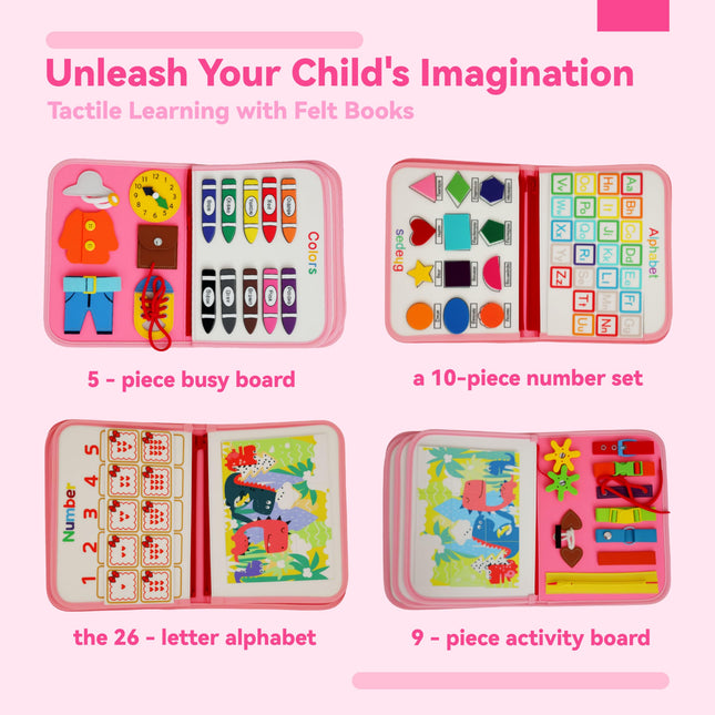 TUNJILOOL Montessori Busy Board - 8-in-1 Sensory Activity Book with Detachable Pages, Travel-Friendly Learning Toy for Fine Motor Skills & Preschool Education PINK