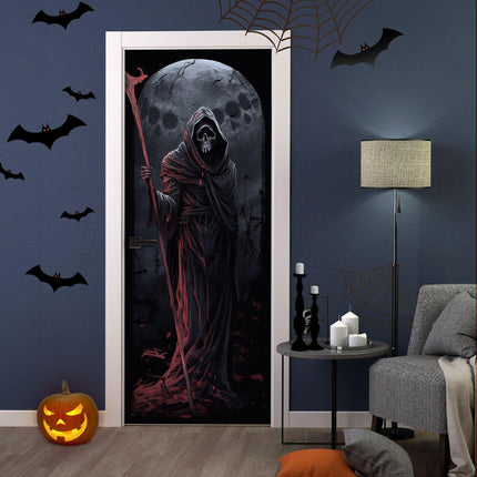 FLFK Halloween Door Mural Stickers, Ghostly Skull with Smiling Grim Reaper, Peel and Stick, Split into 2 Pieces for Total Size of 30.3 x 78.7 inches, For Halloween home decor