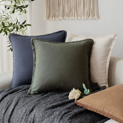 Foindtower 26×26" Set of 2 Linen Fringe Throw Boho Farmhouse Cushion Cover with Tassels Soft Accent Pillowcase for Couch Sofa Bed, Dark Olive Green X0049JFM0H