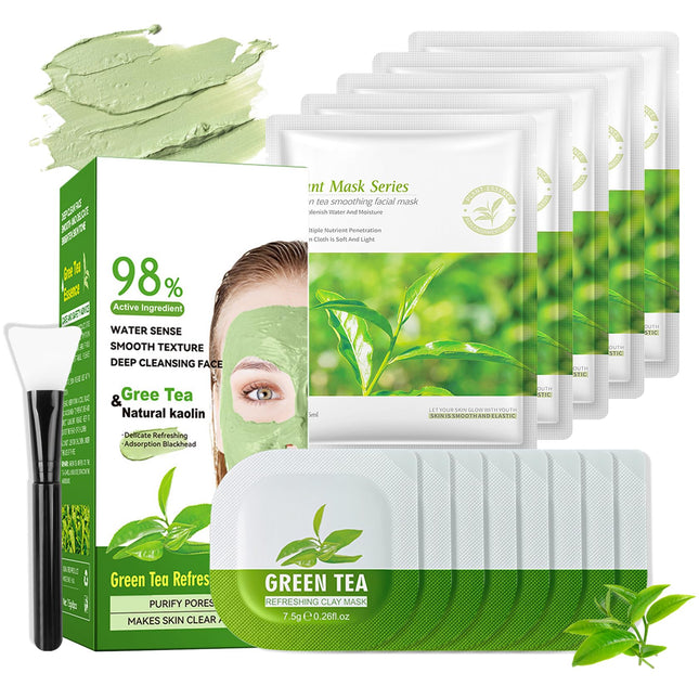 SALDOER 5PCS Green Tea Face Sheet Mask + 8PCS Green Tea Clay Mask Set, Oil Control Deep Cleansing Green Tea Clay Mask with Brush for All Skin Types