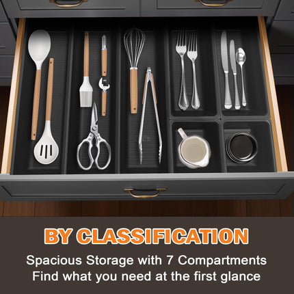 JEHONN Silverware Organizer, Utensil Drawer Tray for Kitchen Flatware Cutlery, Large Adjustable Plastic Storage Divider with 7 Compartment for Spoons Forks Knives (Black)