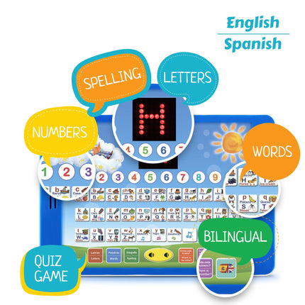 English and Spanish Bilingual Learning Tablet Toy with Small LED Screen by Boxiki Kids | ABC, Animals, Fruit and Other Words | Learning Toys for 3 Year olds and Above