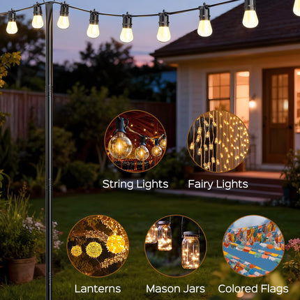 JACKYLED 4 Pack 10Ft String Light Poles,Light Poles for Outdoors with Fence Brackets,Outdoor Light Poles for Hanging String Lights,Metal Poles Stand for Deck Patio Backyard
