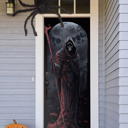 FLFK Halloween Door Mural Stickers, Ghostly Skull with Smiling Grim Reaper, Peel and Stick, Split into 2 Pieces for Total Size of 30.3 x 78.7 inches, For Halloween home decor