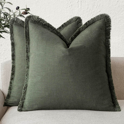Foindtower 26×26" Set of 2 Linen Fringe Throw Boho Farmhouse Cushion Cover with Tassels Soft Accent Pillowcase for Couch Sofa Bed, Dark Olive Green X0049JFM0H