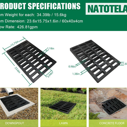 Natotela Fiberglass Cacth Basin Grate-24x16in Square Outdoor Drain Grate for Concrete Cacth Basin,Durable Flat Drainage Grate for Downspout Sewer Lawn Yard Lawn Patio Inlet(23.6x15.75in)