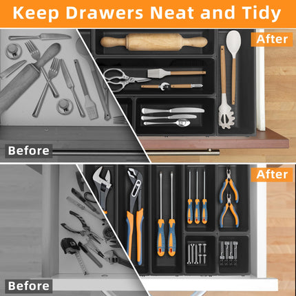 JEHONN Silverware Organizer, Utensil Drawer Tray for Kitchen Flatware Cutlery, Large Adjustable Plastic Storage Divider with 7 Compartment for Spoons Forks Knives (Black)