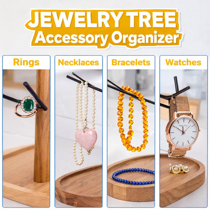 【Elegant & Sturdy】 Black Metal Jewelry Stand with Acacia Wood Tray | Necklace & Bracelet Holder | Minimalist Jewelry Organizer for Vanity, Bathroom & Retail Display | 34 cm Tall