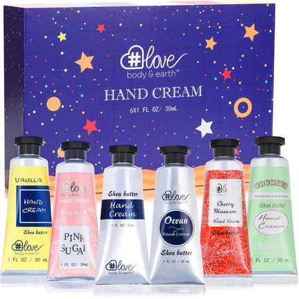 BODY&EARTH 6-PACK Moisturizing Hand Cream Gift Set with Natural Glycerin and Vitamin E, Travel Size