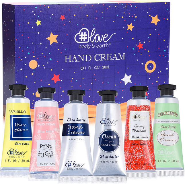 BODY&EARTH 6-PACK Moisturizing Hand Cream Gift Set with Natural Glycerin and Vitamin E, Travel Size