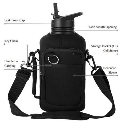 Thermosis 64 Oz insulated water bottle Stainless Steel Water Bottle with Straw & Holder Strap - Includes 2 Lids water bottles - Leak Proof water bottle for Men & Women - Black