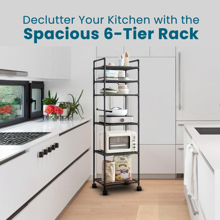 Jungle Fox Black 6 Tier Kitchen Storage Rack with Wheels, Adjustable, Durable, Easy-to-Assemble Organizer for Kitchen and Bakers, Functional Design