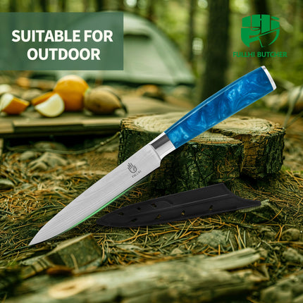 FULLHI 5" Japanese Utility Paring Stainless Steel Knife with Sheath Guard, Blue Resin
