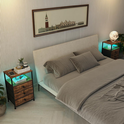 GiftGo Nightstand with Charging Station Led Light and 3 Fabric Drawers- #C1