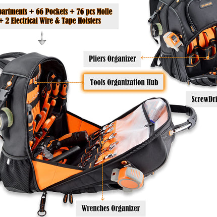 66-Pockets Tool Bag, Heavy-Duty Jobsite back pack for electricians, construction, men