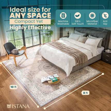 Istana Washable Area Rugs 8x10 - Beige Boho - Machine Washable - Non Slip - Pet Friendly - 6-7 mm Pile Height