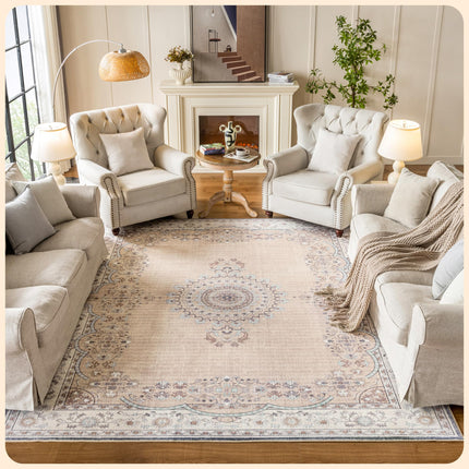 Istana Washable Area Rugs 8x10 - Beige Boho - Machine Washable - Non Slip - Pet Friendly - 6-7 mm Pile Height