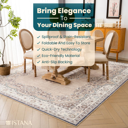 Istana Washable Area Rugs 8x10 - Beige Boho - Machine Washable - Non Slip - Pet Friendly - 6-7 mm Pile Height
