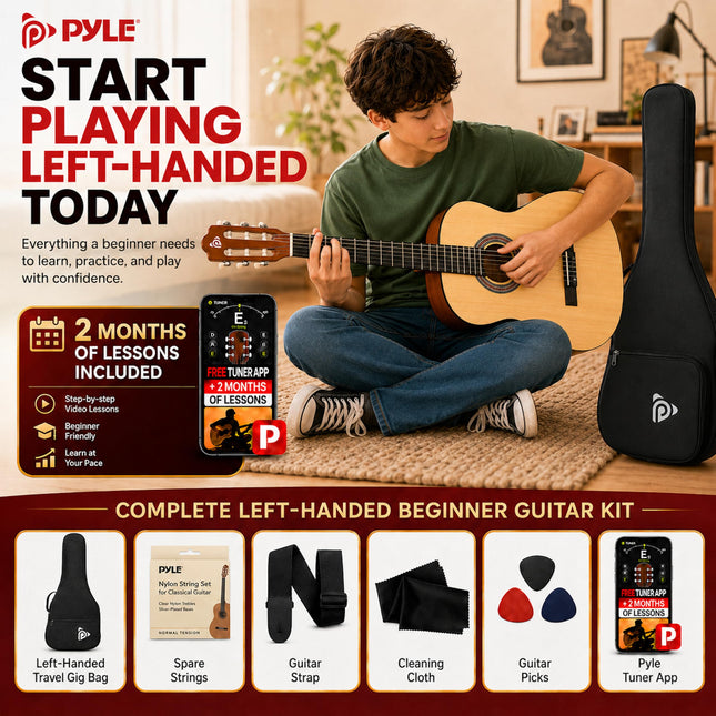 Pyle 36” Acoustic Guitar - 3/4 Size Guitare Acoustique w/ 6 Nylon Strings- For Adults, Teens, Kids, Students, Girls, Boys, Beginners, Includes Gig Bag, Tuner, Extra Strings, Picks, Strap -Left Handed