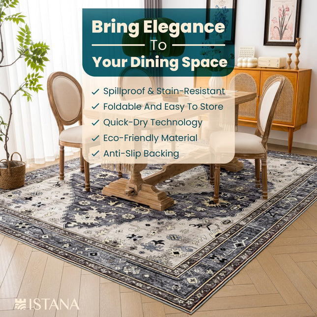 Istana Rugs 8x10 - Dark Grey Blue/Rose Mauve Bedroom Rug - Foldable Area Rug - Stain Resistant Dining Room 8x10 Rugs - Easy to Clean 8 x 10 Soft Area Rugs - 8 by 10 Area Rugs