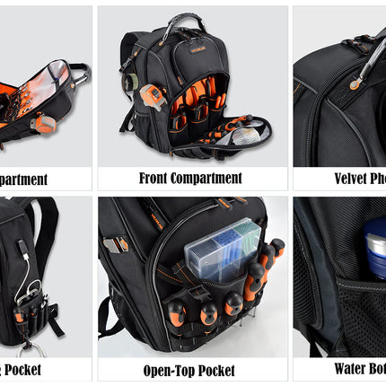 66-Pockets Tool Bag, Heavy-Duty Jobsite back pack for electricians, construction, men