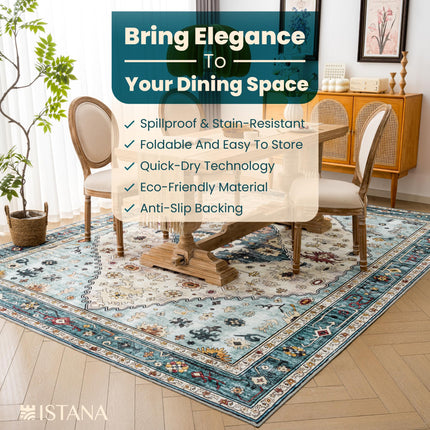 Istana Rugs 8x10 - White Cream/Blue Area Rug - Foldable Stain Resistant Bedroom 8x10 Area Rugs - Washable Rug - 8 x 10 Area Rugs for Living Room - Eco-Friendly Area Carpet