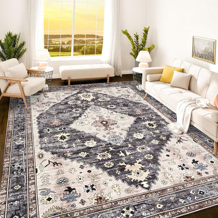 Istana Rugs 8x10 - Dark Grey Blue/Rose Mauve Bedroom Rug - Foldable Area Rug - Stain Resistant Dining Room 8x10 Rugs - Easy to Clean 8 x 10 Soft Area Rugs - 8 by 10 Area Rugs