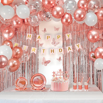 Party spot! 135 Pcs Birthday Decorations For Women, Rose Gold Party Decorations, Happy Birthday Decorations - Balloon Stand Kit, Tableware Kit,Pump, Banner, Tassel Curtain,Balloon, For 12 Guests