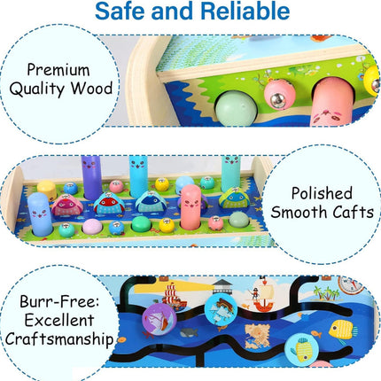 BLiSS HUES 7 in 1 Multiactivity Wooden Montessori Toys Toddlers- Includes Games Whack a Mole- Fishing- Xylophone- Sliding Maze & More- Fine Motor Skills & Sensory Toys for Kids