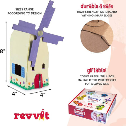 BoxArt Cardboard Crafts for Kids to Build & Color or Paint - Arts and Crafts DIY Imagination Play - Includes Dinosaur, Helicopter, Giraffe, Building, Windmill and Race Car.