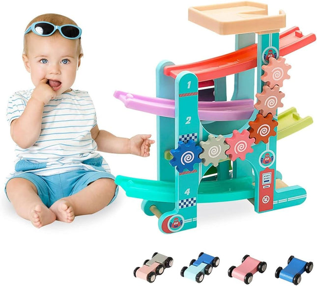 X spring Car Ramp Racer Toys, Race Track for Toddlers, Car Ramp Race Track with 4 Wooden Cars, Race Track Car Toys for 1 2 3 4 Year Old Boy Girl Gifts, Montesorri Toys for Colorful Gear Cognition