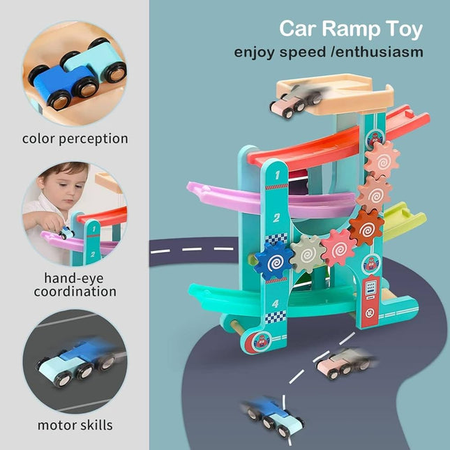 X spring Car Ramp Racer Toys, Race Track for Toddlers, Car Ramp Race Track with 4 Wooden Cars, Race Track Car Toys for 1 2 3 4 Year Old Boy Girl Gifts, Montesorri Toys for Colorful Gear Cognition
