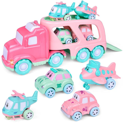 Truck Toys for Kids 2-4, Kids Toys Girls Age 2 3 4 5, Toddler Princess Girl Toys Carrier Truck with Cars and Planes, Toddler Birthday Gifts with Music & Lights for 2 3 4 5 Year Girls