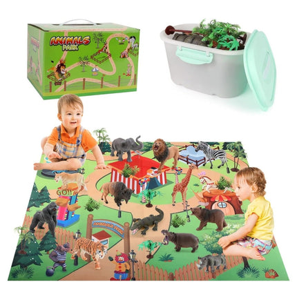 Aomola 24 Pcs Plastic Animal Tpy Figure w/ Activity Play Mat and Trees