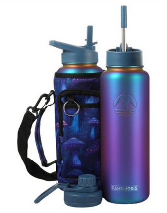 FAHRMOSIS 40 oz Insulated Stainless Steel Water Bottle withs Strap, 3 Lids (Straw, Chug and Flip Lid), VIOLET PATTERN