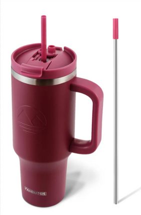 FAHRMOSIS 40 Oz Tumbler with Handle and Straw Insulated Cup That Fits in Cup Holder for Hot & Cold Drinks Leak Proof Tumbler with Straw Stainless Steel Travel Mug for Men & Women - Red