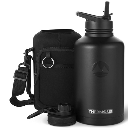 Thermosis 64 Oz insulated water bottle Stainless Steel Water Bottle with Straw & Holder Strap - Includes 2 Lids water bottles - Leak Proof water bottle for Men & Women - Black