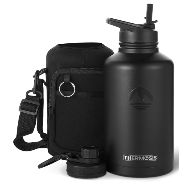 Thermosis 64 Oz insulated water bottle Stainless Steel Water Bottle with Straw & Holder Strap - Includes 2 Lids water bottles - Leak Proof water bottle for Men & Women - Black