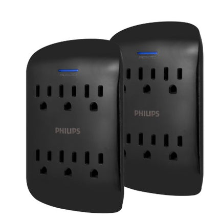 Philips 6 AC Surge Protector Wall Tap, Black, 2 Pack, SPP3466BC/37