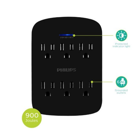 Philips 6 AC Surge Protector Wall Tap, Black, 2 Pack, SPP3466BC/37
