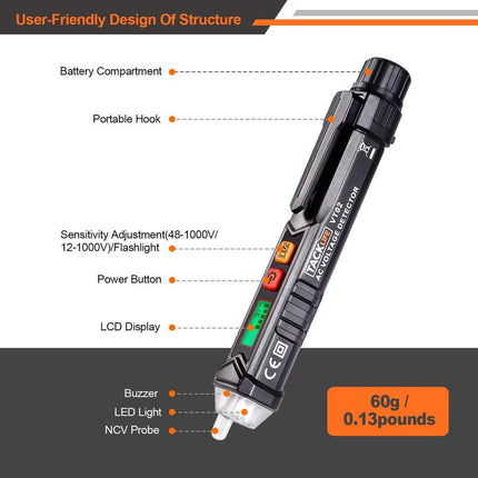 TACKLIFE Non-Contact AC Voltage Tester with Adjustable Sensitivity, LCD Display -VT02