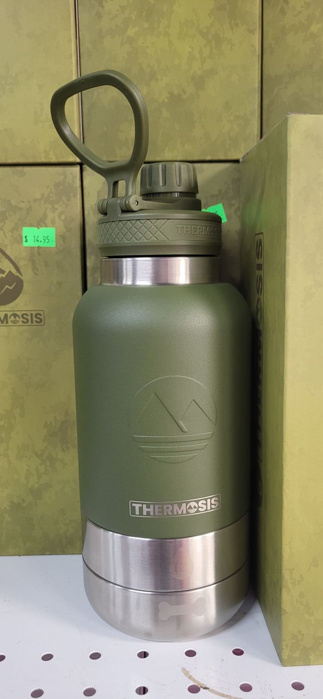 FAHRMOSIS 32oz Insulated Stainless Steel Pet Travel Water Bottle with Built-in Bowl, ARMY GREEN